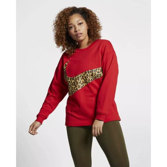 Nike Sweatshirt WMNS M Pullover Loose Fit Crew Neck Red Cheetah Swoosh Logo - Picture 2 of 8